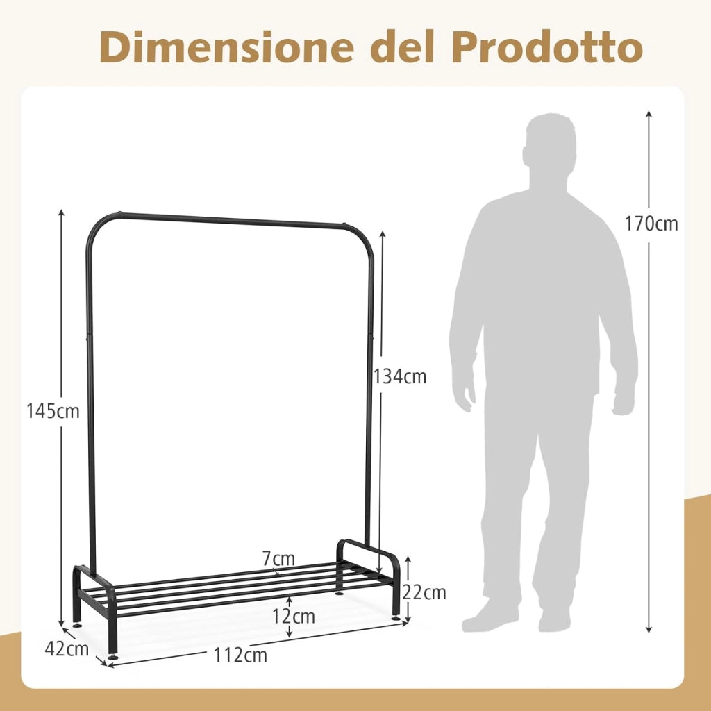 Stand Appendiabiti in Metallo, Appendiabiti da Terra con Barra Ripiano e Piedini Regolabili, Ideale per Camera da Letto e Soggiorno, 112x42x145 cm