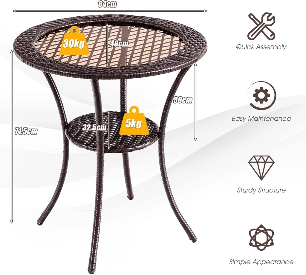 Tavolo Appoggio da Giardino, a 2 Ripiani, Rotondo, Tavolino Esterno in Rattan e Vetro, Resistente all'Intemperie, Portata di 35 kg, per Piscina/Patio/Balcone, 64 x 71,5 cm