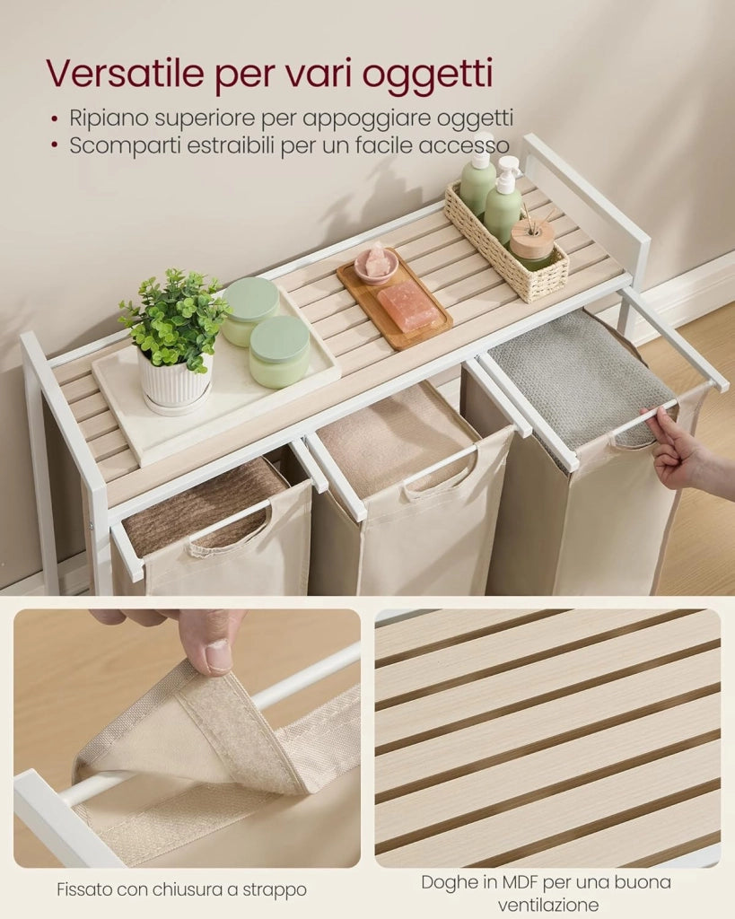 VASAGLE Cesto Portabiancheria, Porta Biancheria, 3 Sacchi in Tessuto Rimovibili, Piano d’Appoggio, Metallo, 3 x 40 L, 92,5 x 33 x 72 cm, Beige Cappuccino e Beige Naturale BLH301LH01