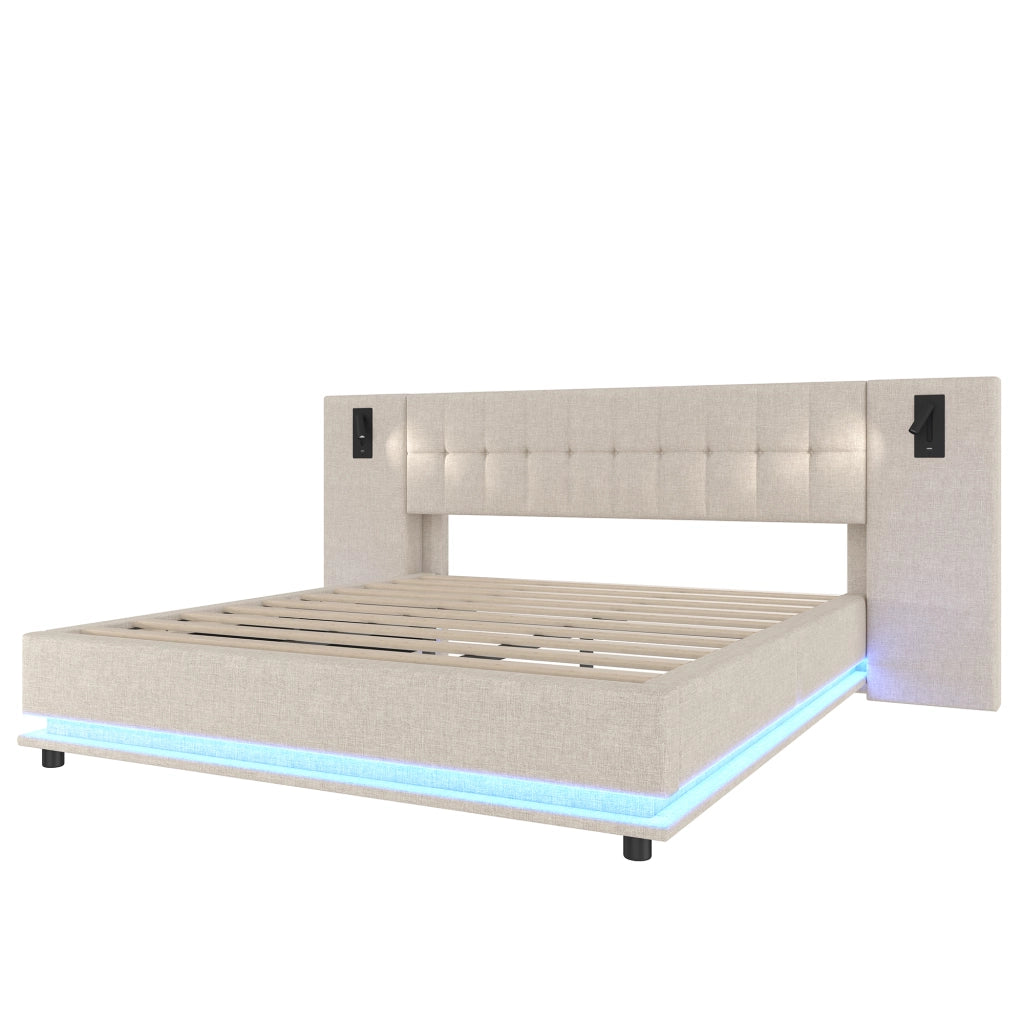 Letto imbottito 180x200 cm con LED multicolore; faretto; USB; lino e MDF; beige