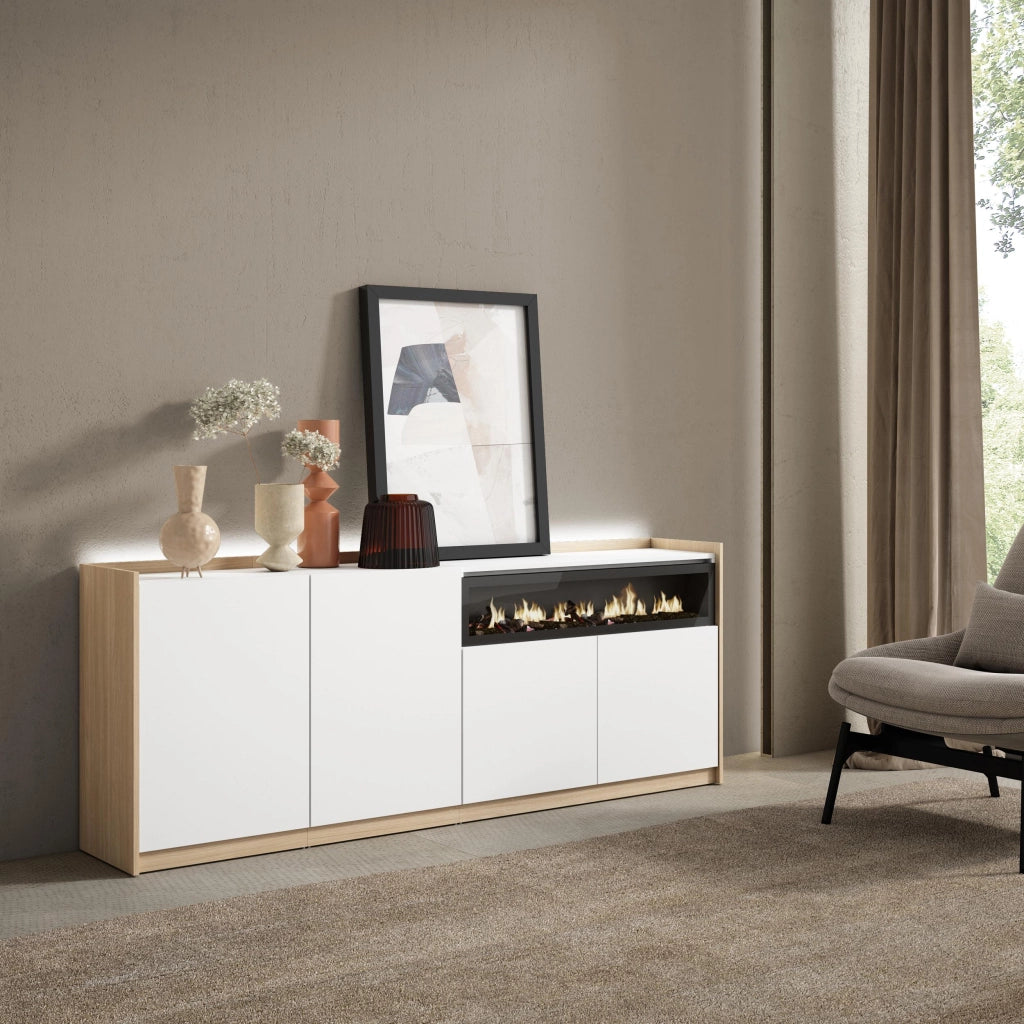 Credenza, Mobile, Cucina, 207x80x37 cm, 4 Porte, Camino elettrico, LED, Bianco e Rovere soft