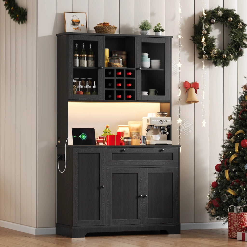 Credenza da Cucina Alta con 5 Ante e 1 Cassetto; LED e Prese; Ripiani Regolabili; in MDF; 105x40x180 cm; Nero