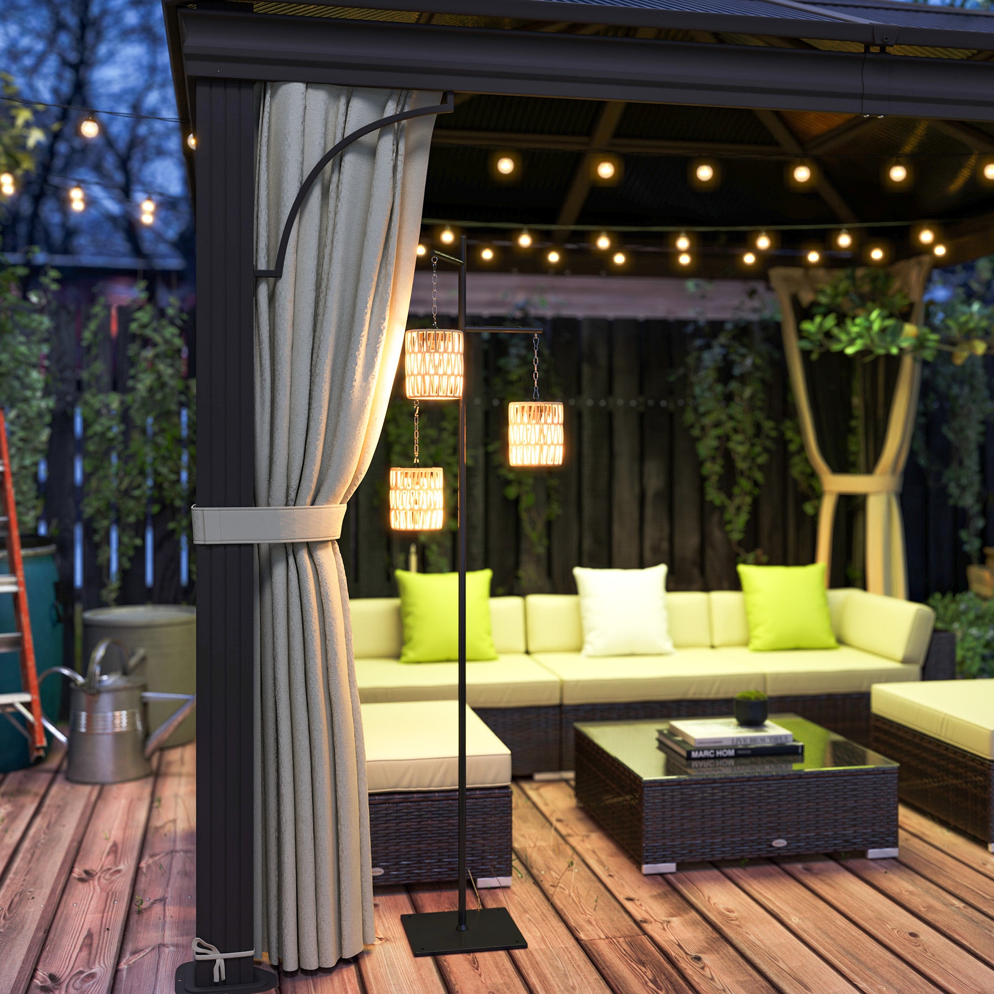 Lampada Solare da Esterno in stile Boho 45x45x178 cm in Rattan PE e Acciaio Nero e Giallo