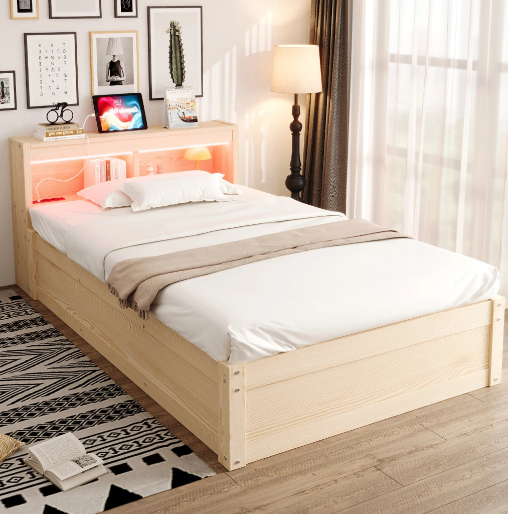 Letto singolo multifunzione 90x200 cm in MDF color legno con LED; presa e contenitore