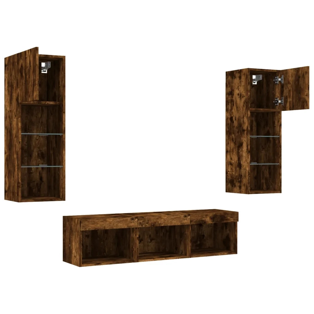 Mobili TV a Muro con LED 5pz | Armadietto TV | Mobile Porta TV Rovere Fumo in Legno Multistrato