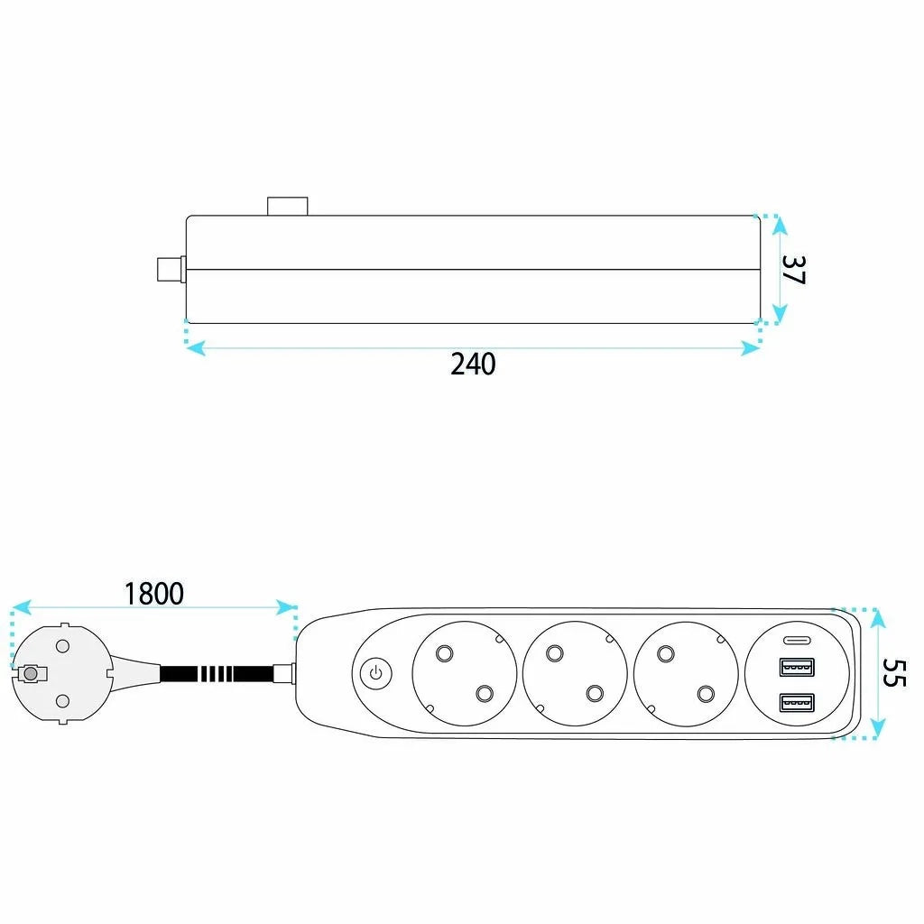 Multipresa Con Prolunga, 3 Prese + 2 Porte Usb-a + Usb-c Jnh024-3b Black