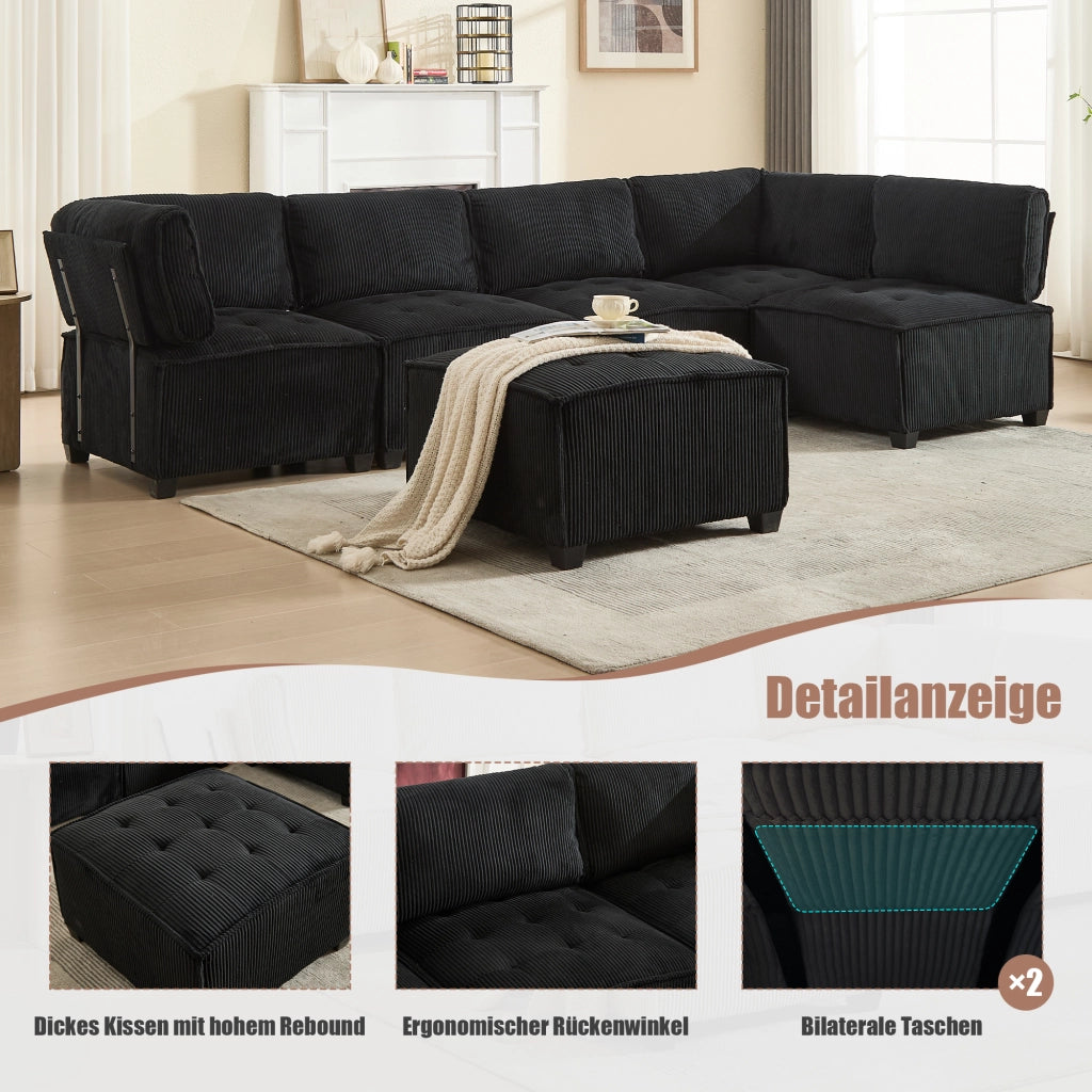 OKWISH Divano Modulare 6 Posti, Configurazione a U o L e Funzione Letto, Tasche Laterali, Velluto a Coste, Nero