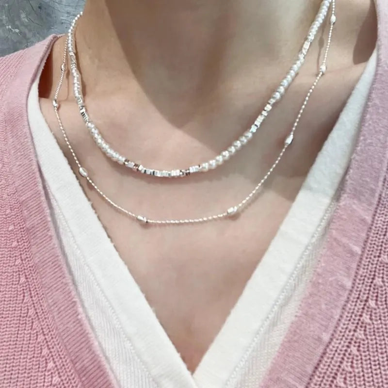 Collana a doppio strato di perle d'argento fatta a mano, regalo di Natale o di compleanno.