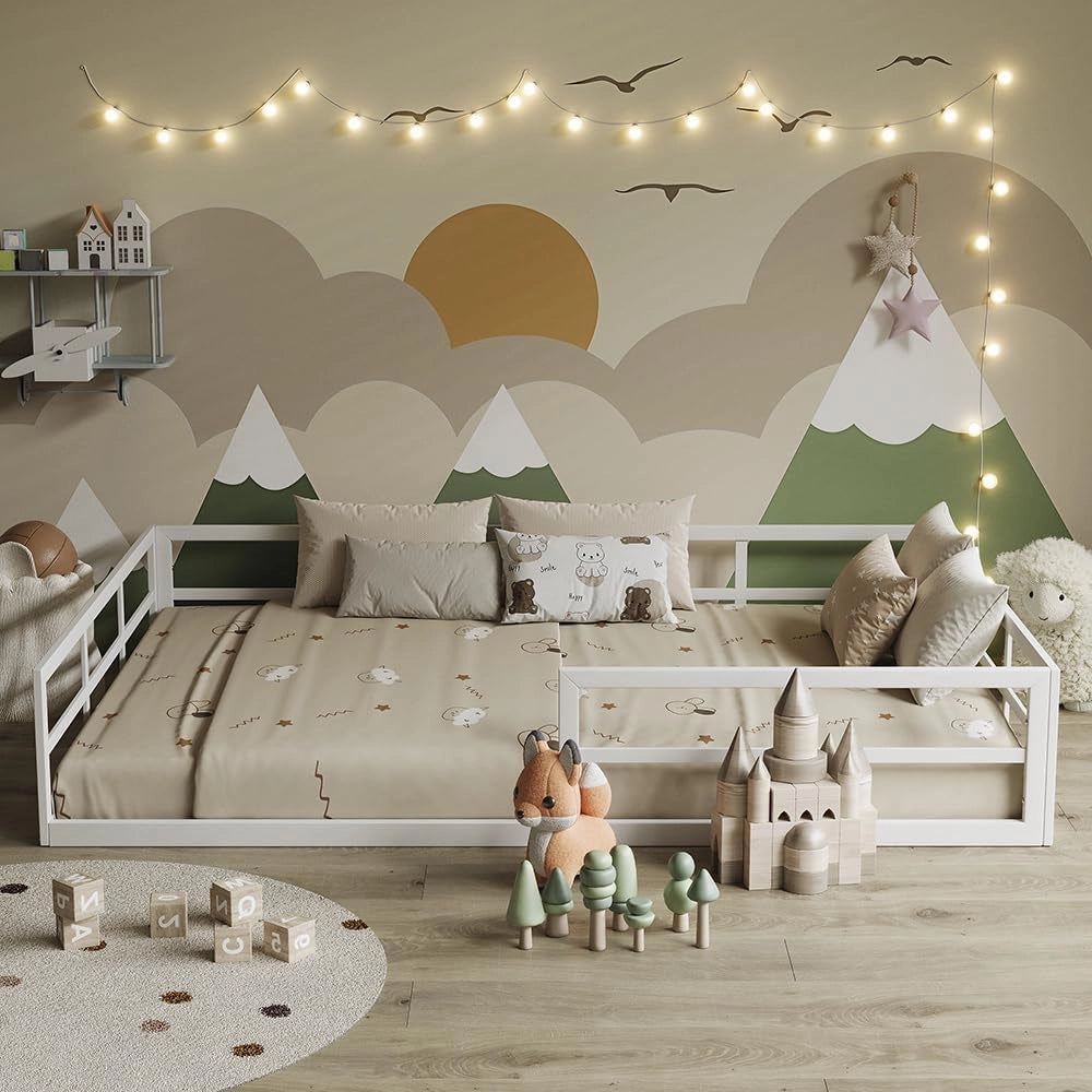 Letto a pavimento Minno 140x200, letto bambini in metallo, letto Montessori con protezione anticaduta, bassa altezza d’ingresso, greige