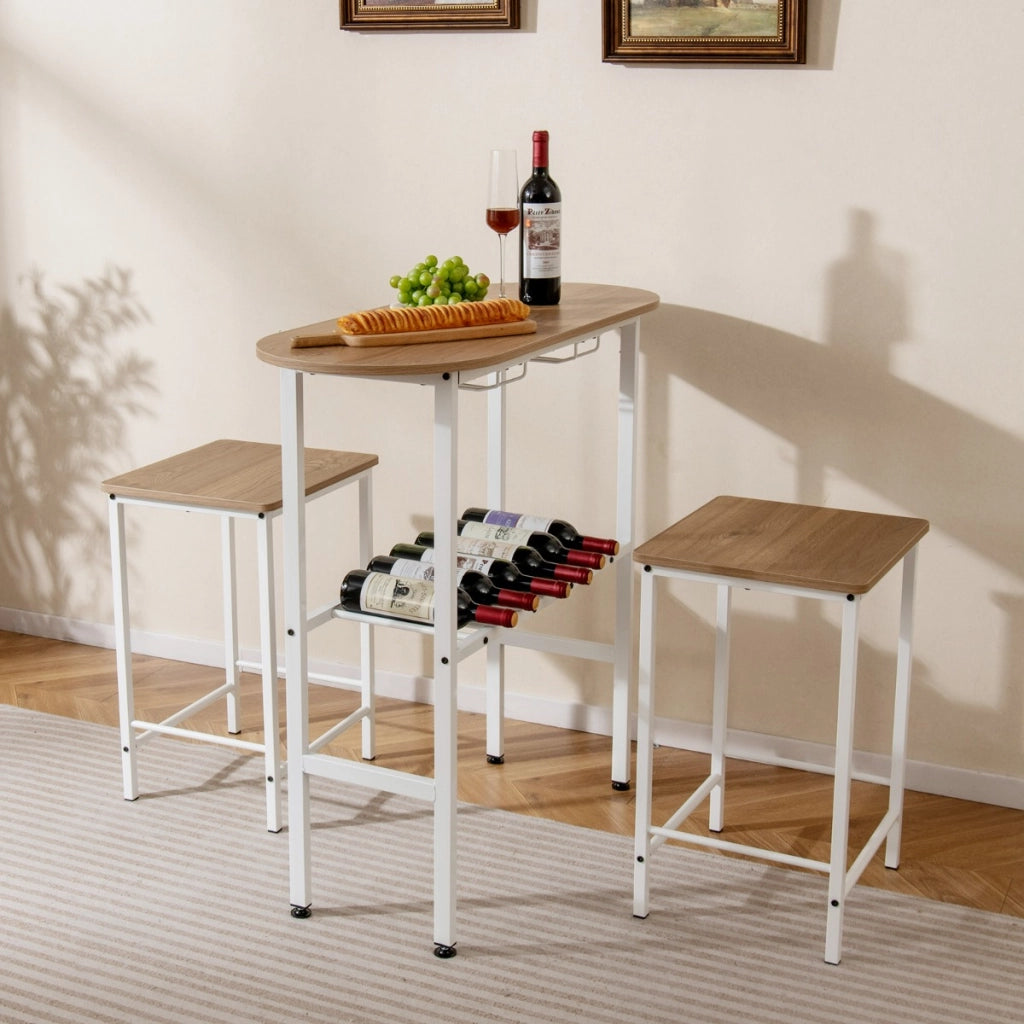 Tavolo da pranzo ovale con portabottiglie e 2 sgabelli, Set da tavolo alto a 3 pezzi portabicchieri da vino Naturale-Tavoli e sedie da pranzo