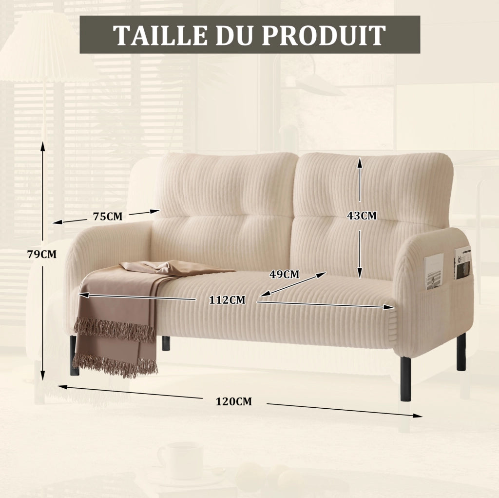 Divano 2 posti in velluto a coste con tasca laterale; 120 x 75 x 79 cm; beige