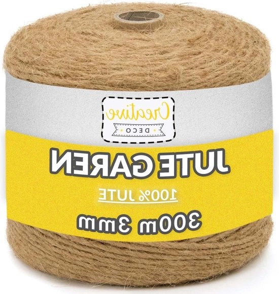 300m Cordone in Juta Naturale 2-3 mm di Diametro - 985 Piedi - Cordone a 3 Fili in Juta - Adesivo in Juta - Marrone - Resistente - Decorativo - Fiori - Fai da Te - Artigianato - Imballaggio - Riciclaggio.