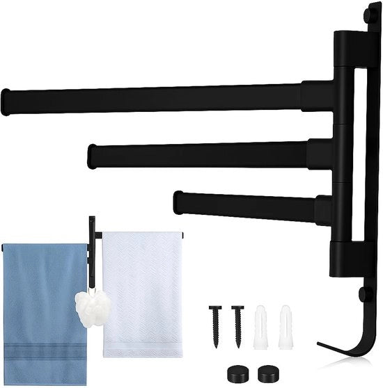 Supporto per asciugamani con 3 bracci, girevole, per montaggio a parete - 180° girevole, realizzato in alluminio per bagno, cucina e armadio. Incluso accessorio di montaggio - (nero)