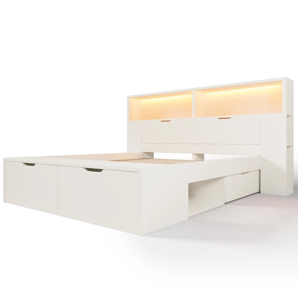 Letto Contenitore 140x200 in Legno con LED, Cassetti e Rete a Doghe ¨C MINIMAL ¨C Bianco