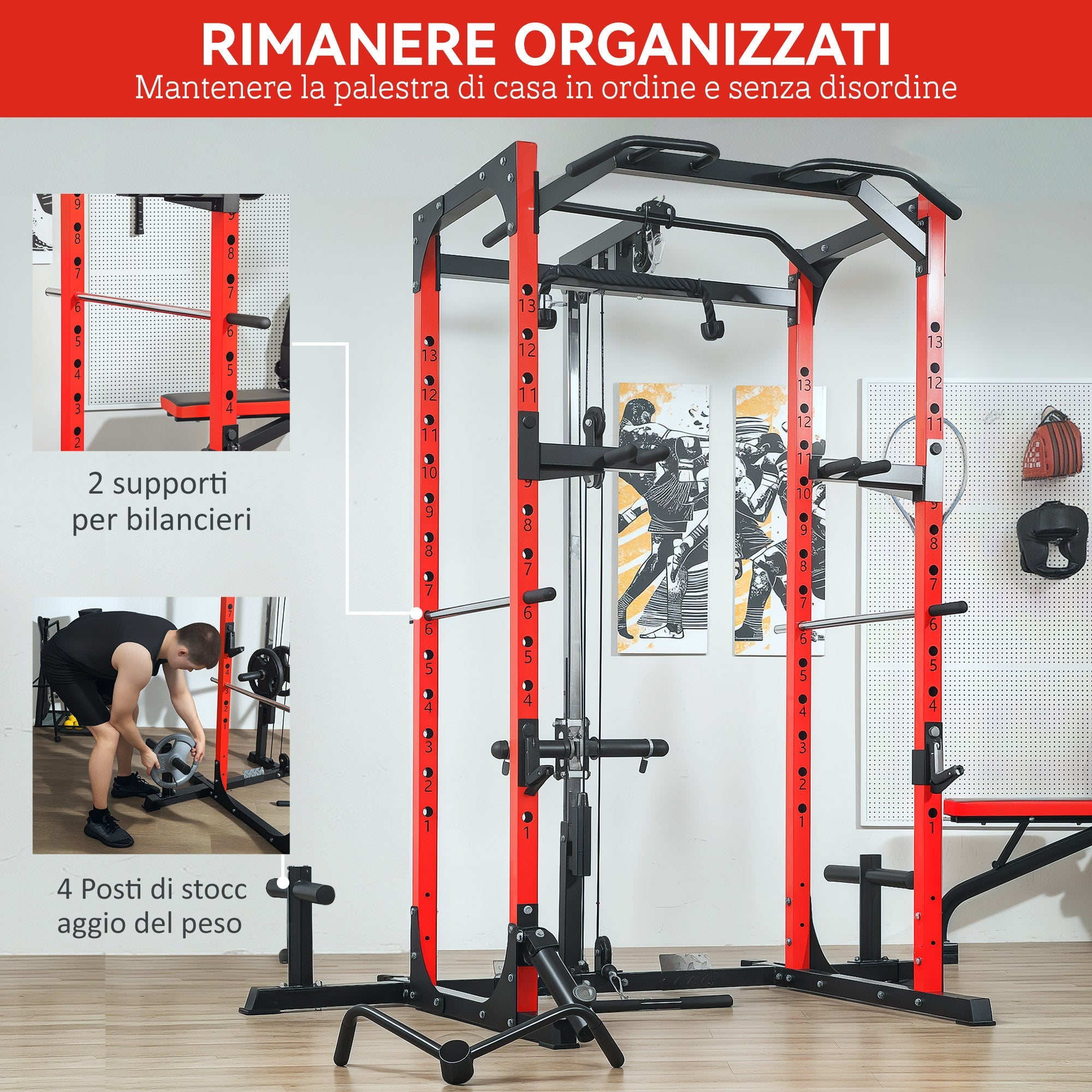 Stazione Fitness 191x153x205 cm Bilanciere Trazioni e Dip in Acciaio Rosso e Nero