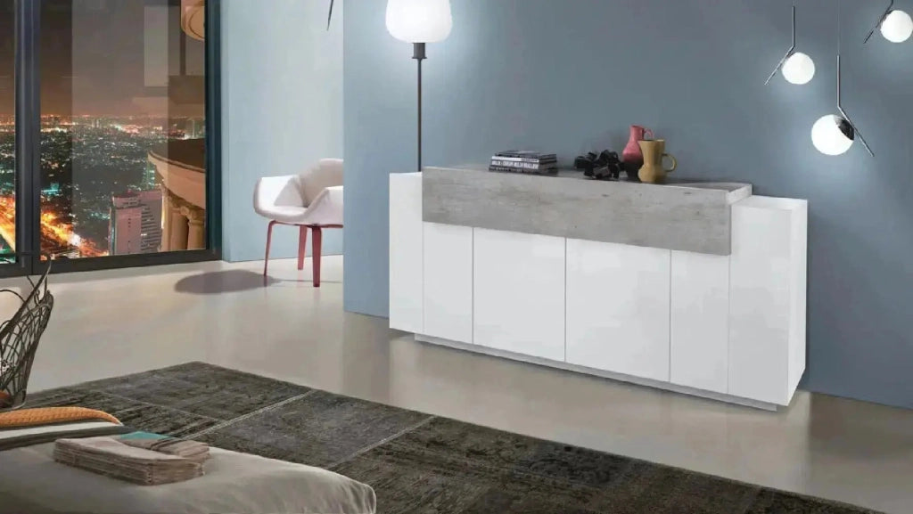 Credenza Moderna CORO: 4 Ante Battente e 1 Anta Ribalta Bianco Lucido - Cemento