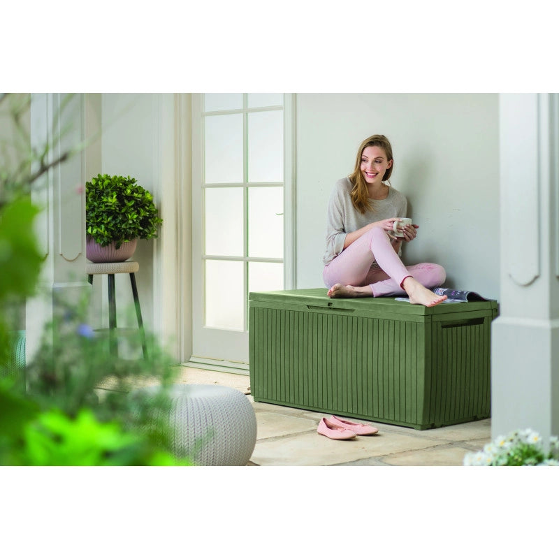 Baule da Esterno Springwood 305L con Ruote e Seduta - Effetto Legno Verde - Keter