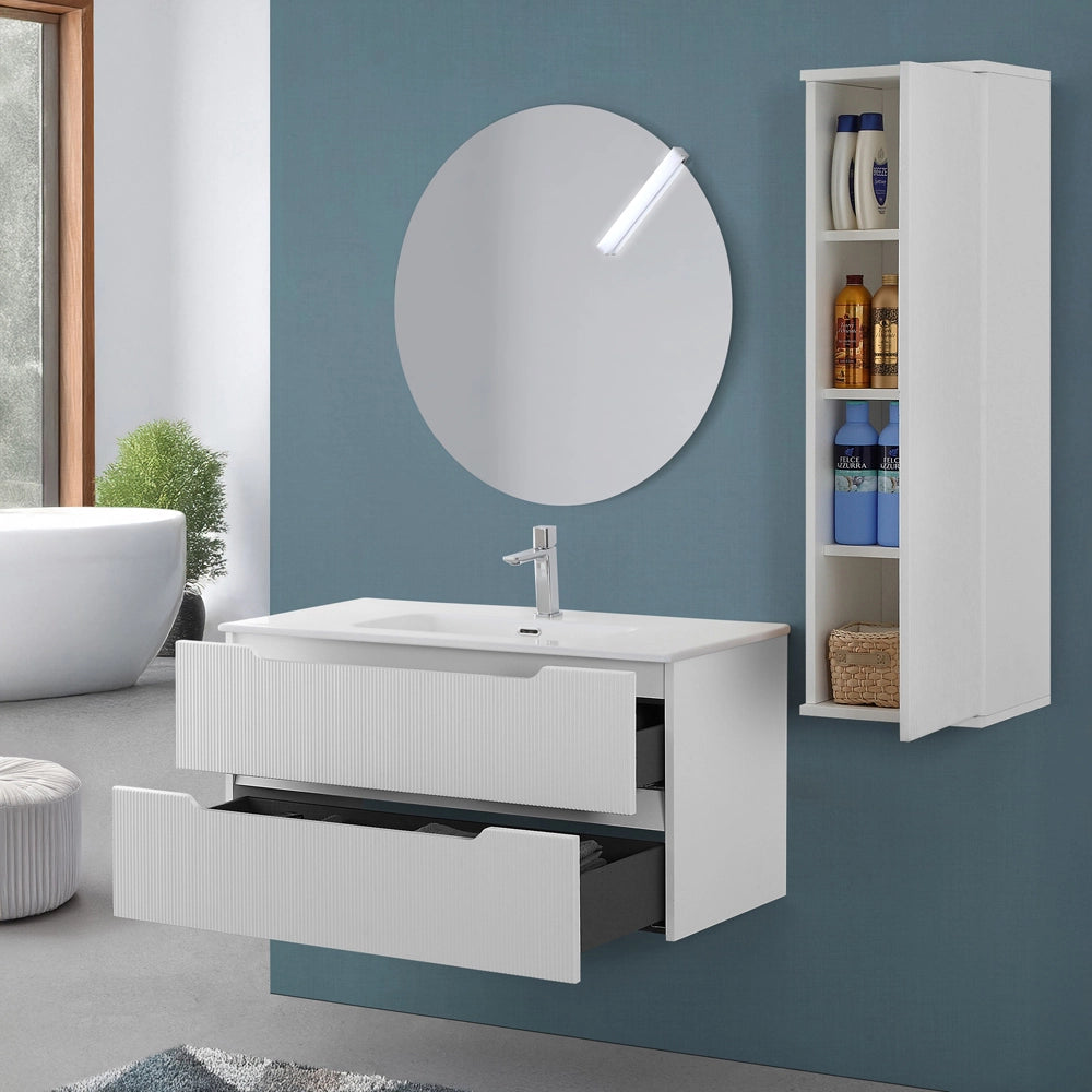 Mobile bagno sospeso 80 bianco cannettato doppi cassetto lavabo e specchio Wise