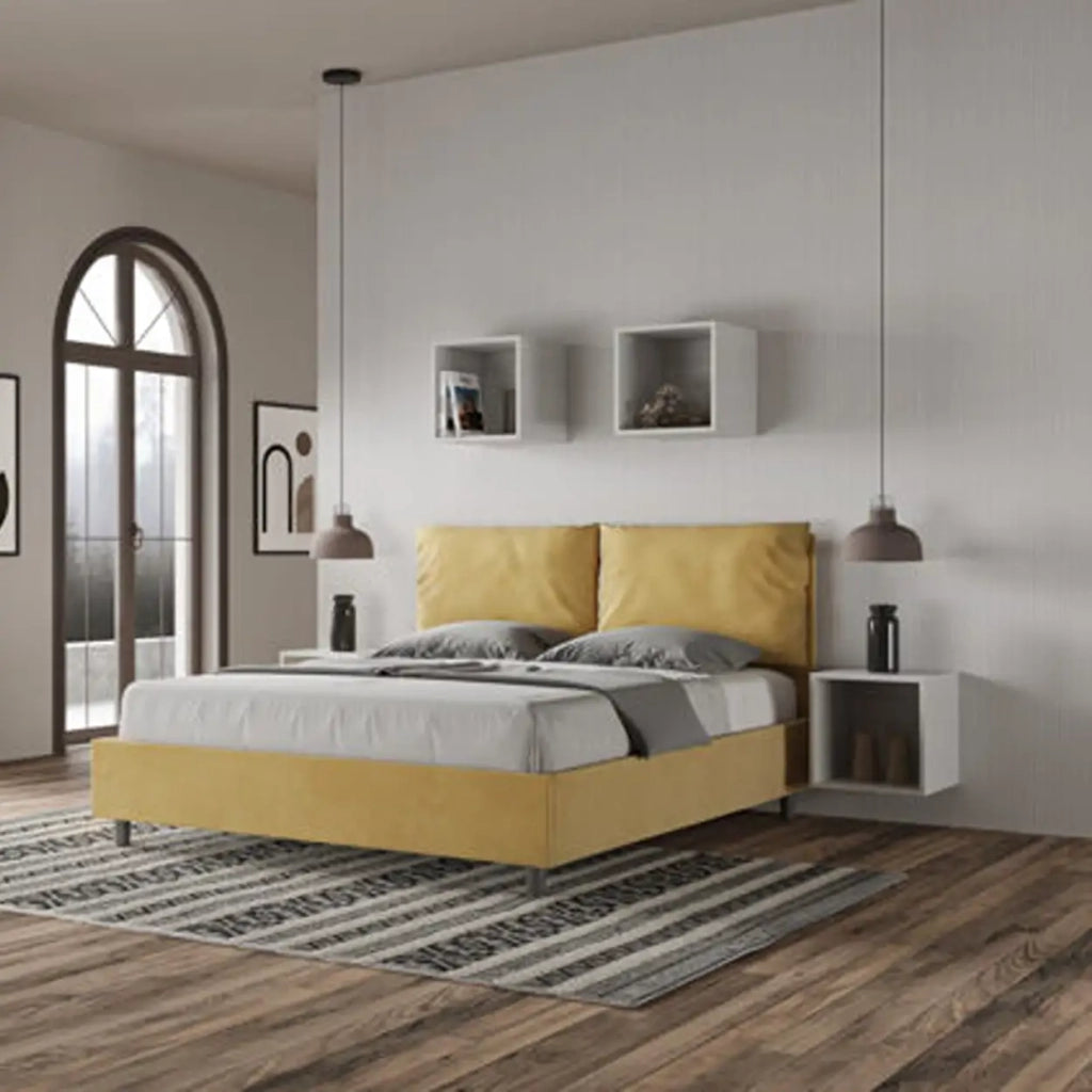 Letto matrimoniale senza rete imbottito 160x200 microfibra ocra Antea