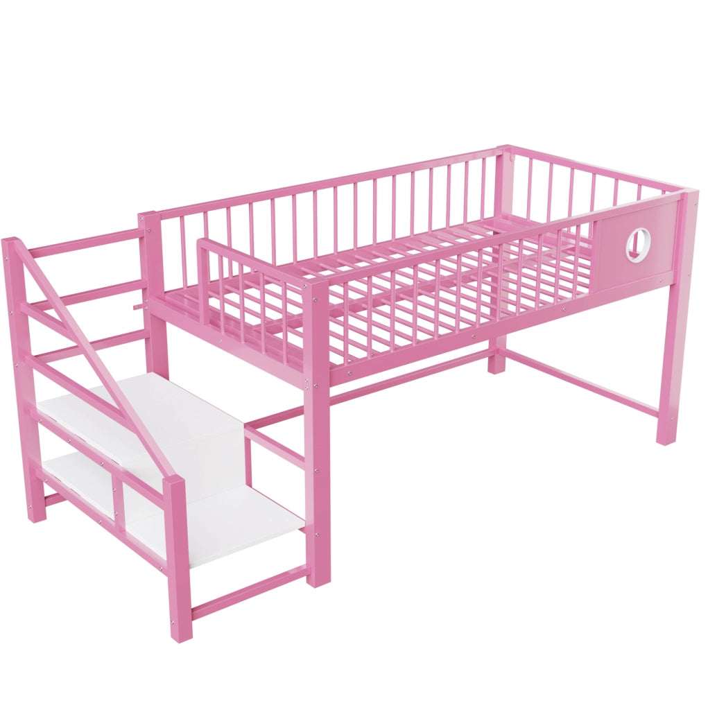 Letto a castello basso per bambini 90x200 cm in metallo con scala contenitiva; rosa