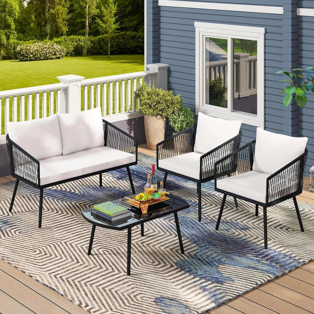 Set di 4 Pezzi in Corda PE da Giardino, Set Bistrò con Divano, Tavolino in Vetro Temperato, 2 Poltrone e Cuscini, Mobili da Giardino da Esterno per Cortile e Piscina
