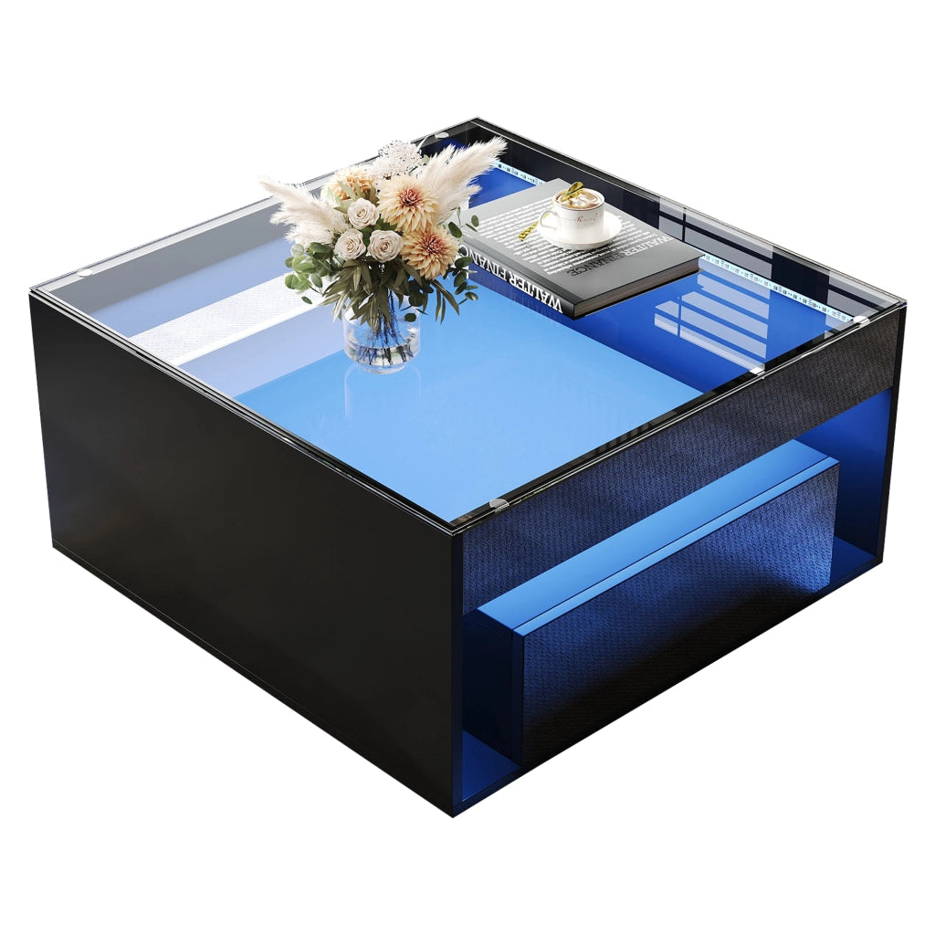 Tavolino da caffè 70x70x35 cm; 2 cassetti con LED; MDF e vetro temperato nero