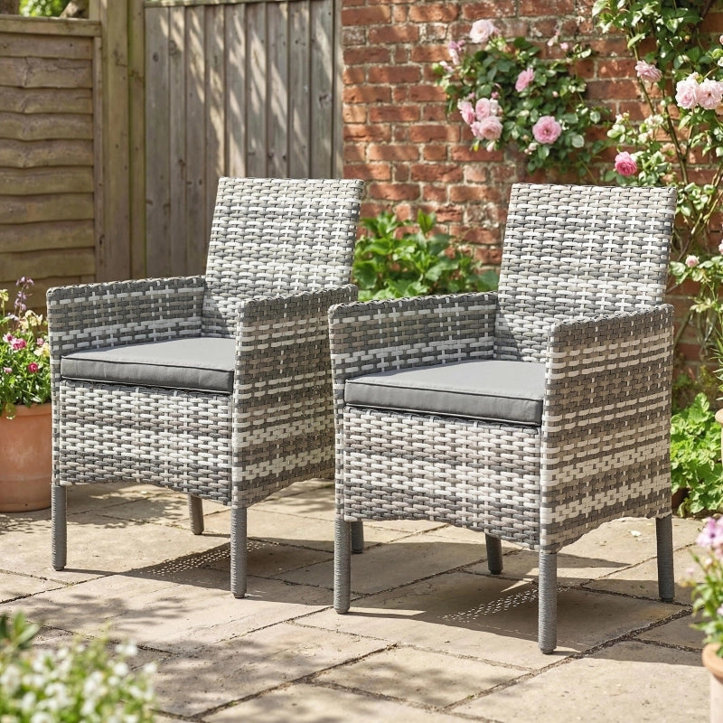 Set di 2 sedie da giardino in rattan PE grigio con cuscini, struttura in acciaio, 120 kg