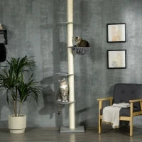 Albero Tiragraffi per Gatti con Amaca, Fermaglio a Soffitto, Alto fino al Soffitto, 40 x 40 x 250 cm, Grigio Bianco Crema