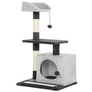 Albero Tiragraffi per Gatti Alto 85 cm con Casetta, Lettino, Pali e Tappetino Tiragraffi, Grigio