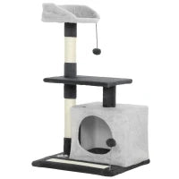 Albero Tiragraffi per Gatti Alto 85 cm con Casetta, Lettino, Pali e Tappetino Tiragraffi, Grigio