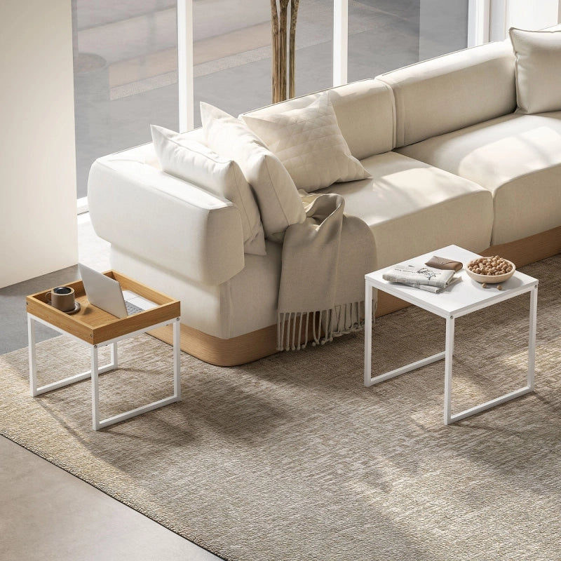 Tavolino da caffè 2 pezzi in MDF e acciaio, bianco, design moderno per soggiorno