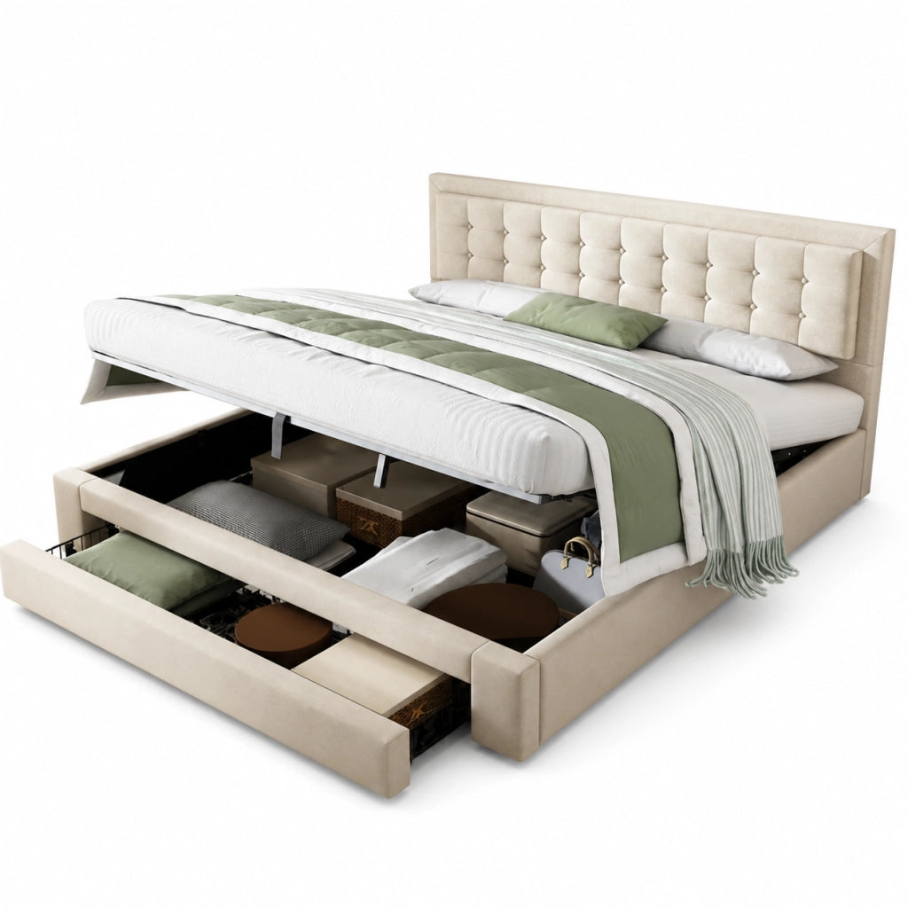 Letto contenitore 180x200 cm con testiera regolabile; in velluto beige