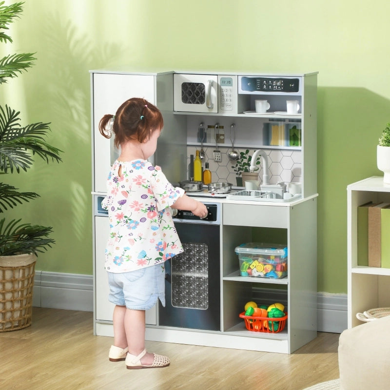 Cucina giocattolo interattiva in legno bianca con lavello, effetti luce e suono, accessori inclusi
