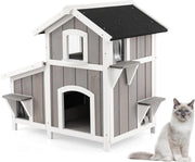 Casetta per Gatti con 2 Ingressi Frontali e 4 Bucchi con Tende in PVC, Villa per Gatti in Legno di Abete a 2 Piani con Tetto Impermeabile, Cuccia per Animali Piccoli, 100 x 64 x 82,5 cm