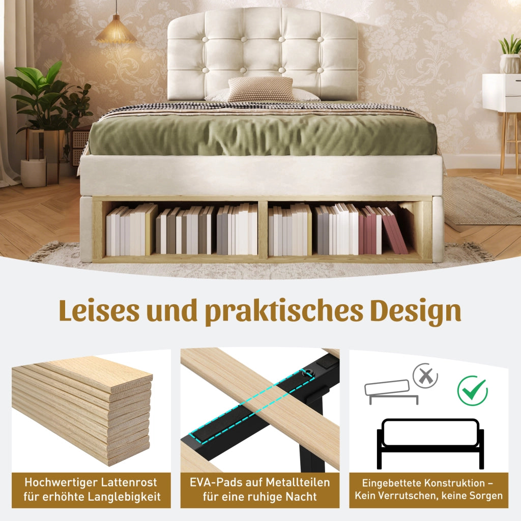 LETTO imbottito 90x200 cm in velluto beige con testiera regolabile e cassetti