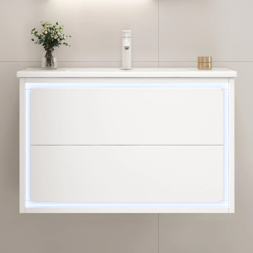 Mobile da Bagno Sospeso con Lavabo Integrato e LED ¨C Xylo ¨C Bianco, 2 Cassetti, 76x46x48.5 cm