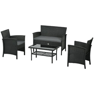 Set Salotto da Giardino Divano 2 Poltrone con Cuscini e Tavolino in Vetro in Rattan PE Nero e Grigio