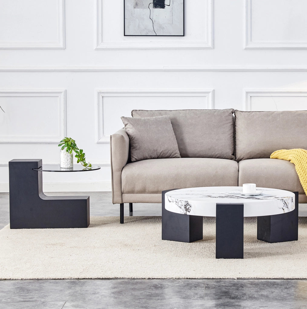 Set di tavolini rotondi effetto marmo bianco e nero in MDF e vetro