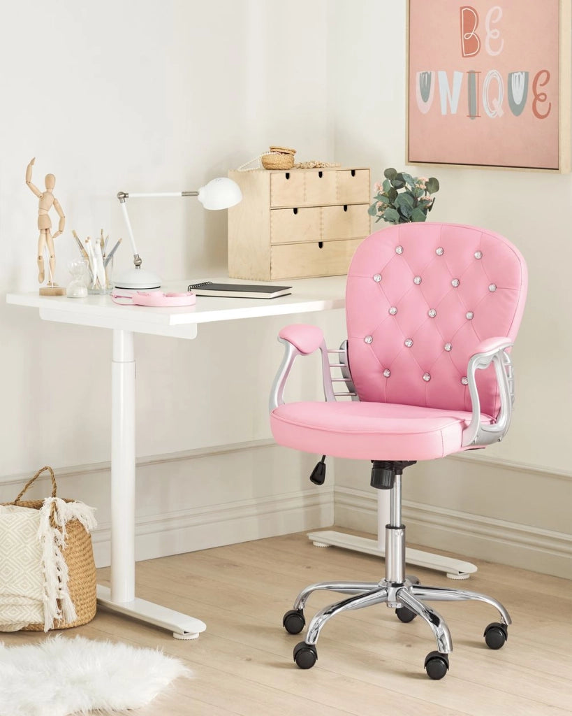Sedia da ufficio in pelle sintetica rosa con cristalli e altezza regolabile e schienale trapuntato stile retrò moderno