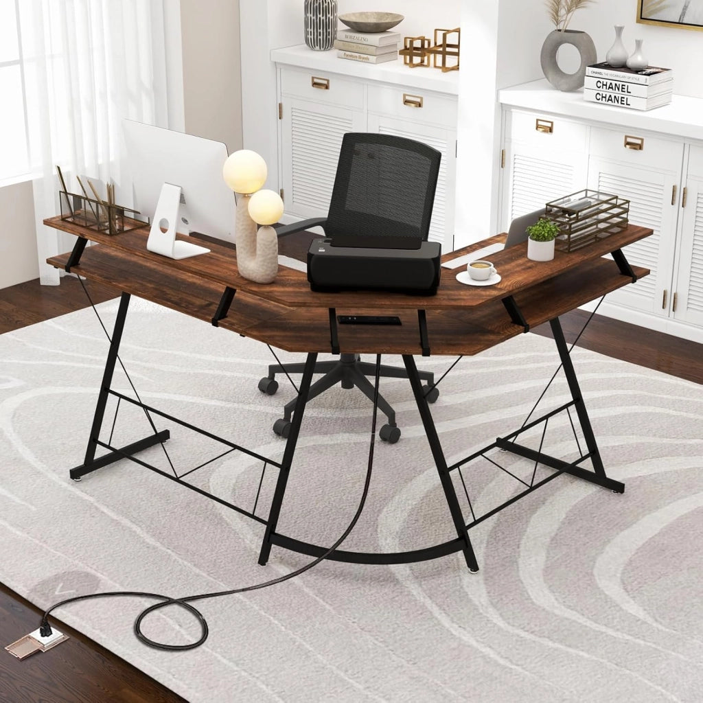 Scrivania angolare per computer a forma di L con 2 prese di corrente, supporto per tastiera, scrivania per computer con 2 porte USB, 130 x 130 x 86 cm (marrone)