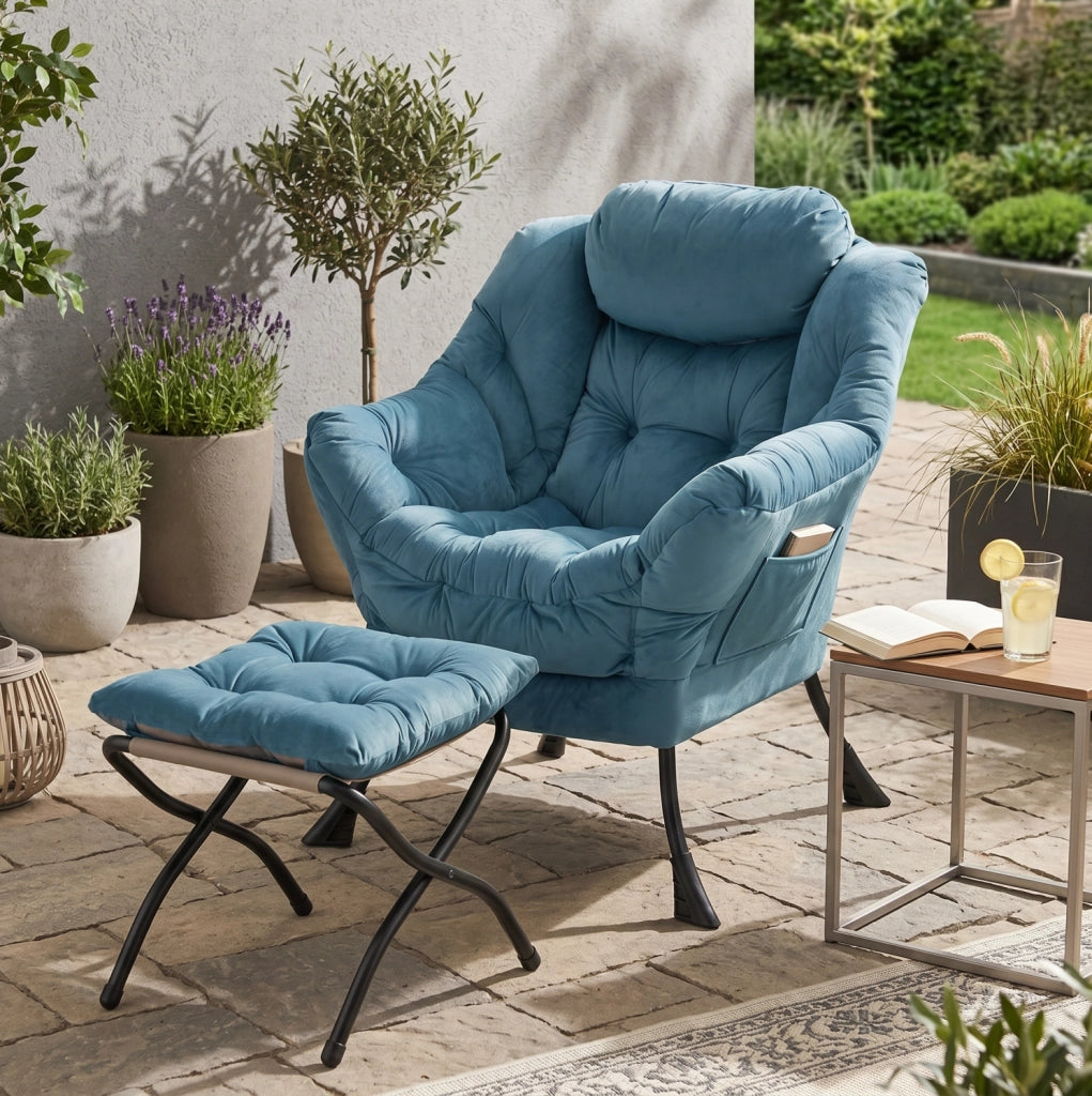 Poltrona relax con pouf blu in tessuto e metallo 72x80x93 cm per salotto