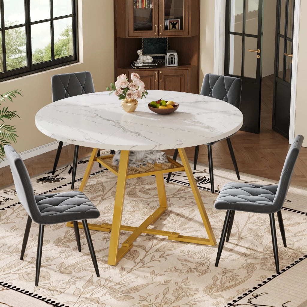 Tavolo da Pranzo Rotondo con 4 Sedie in Velluto ¨C MINIMAL ¨C 120x120x75, Set 5 Pezzi