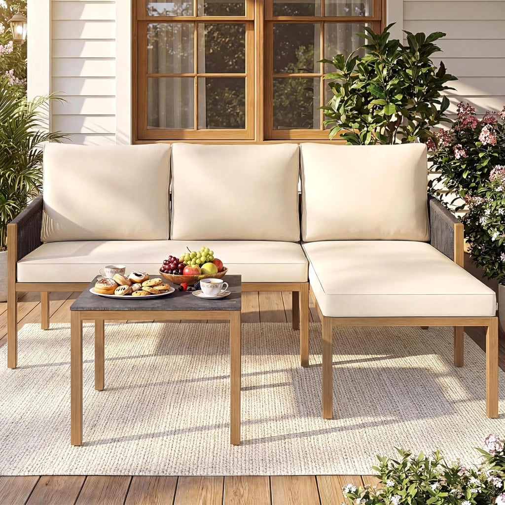 Set di Mobili da Giardino 3 Pezzi, Salotto da Esterno con 2 Divani Componibili a forma di L e Tavolino da Caffè, Set da Conversazione da Esterno con Cuscini Sfoderabili, per Patio e Terrazzo
