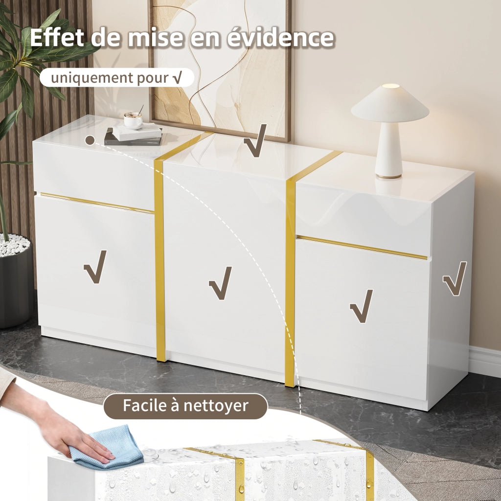 Credenza con 3 ante e 2 cassetti; ripiani regolabili - per soggiorno - 160×40×78 cm - bianco