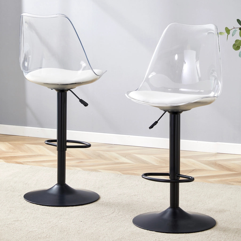 Sgabello da bar girevole con altezza regolabile e schienale trasparente in plastica e metallo nero bianco