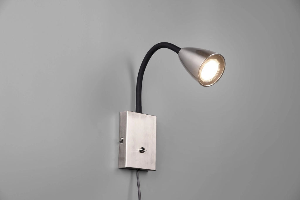 WANDA APPLIQUE FLESSIBILE CON INTERRUTTORE METALLO ACCIAIO E NERO H. 23,5CM 1 LUCE ATTACCO GU10