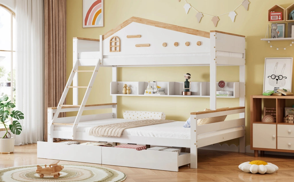 Letto a castello con scale e cassetti - Xylo - 90x200 - Bianco e legno