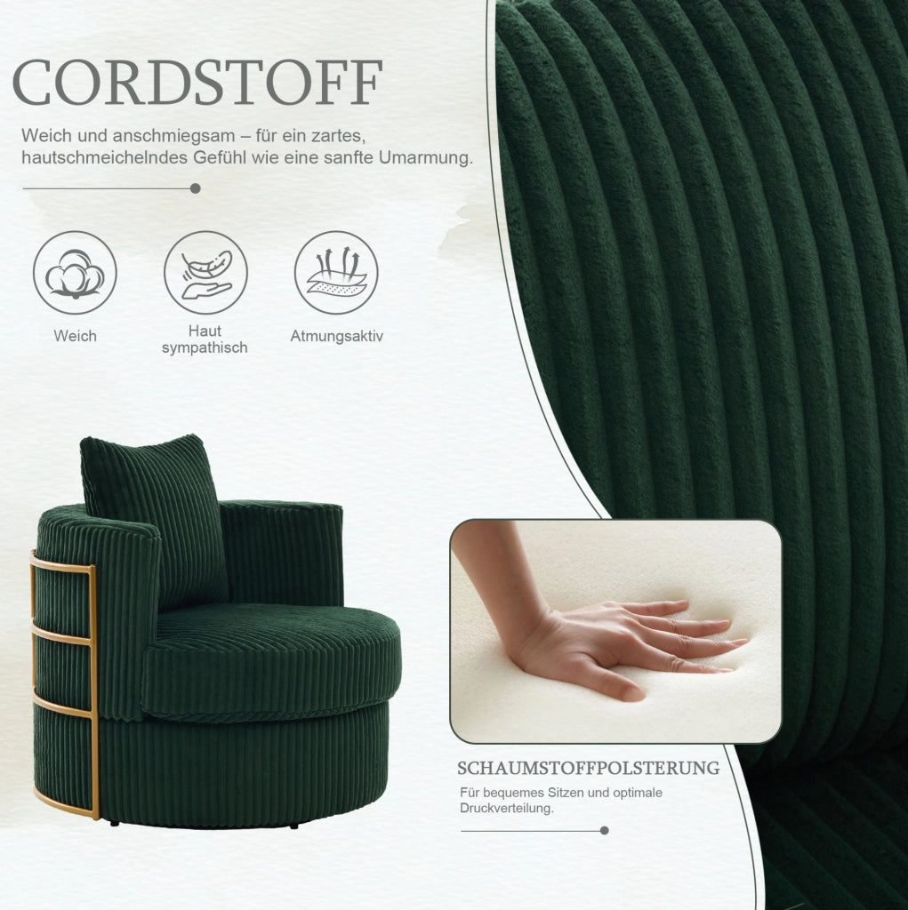 Poltrona girevole 360° in corduroy verde smeraldo con vano contenitore; 76x79x78 cm