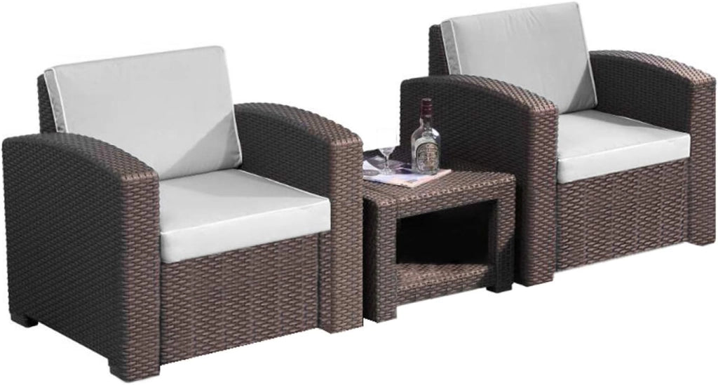 Le Stelle Set Salotto da Giardino in Polyrattan da 3 Pezzi, 2 Poltrone da Esterno, Tavolino e Cuscini Cioccolato