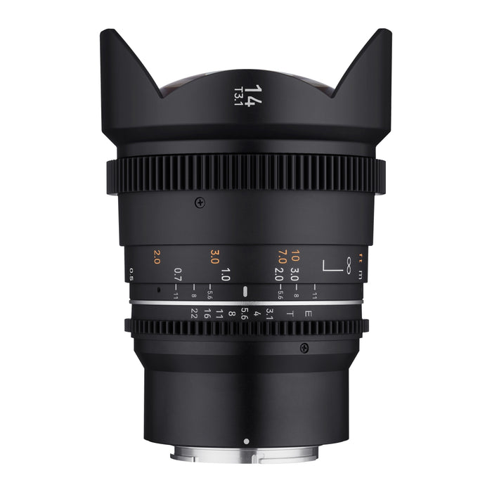 SAMYANG MF 14mm T3.1 VDSLR MK2 MFT - obiettivo ultragrandangolare veloce T3.1 per cine e video con innesto MFT, lunghezza focale fissa di 14 mm, cerchietti di messa a fuoco nero